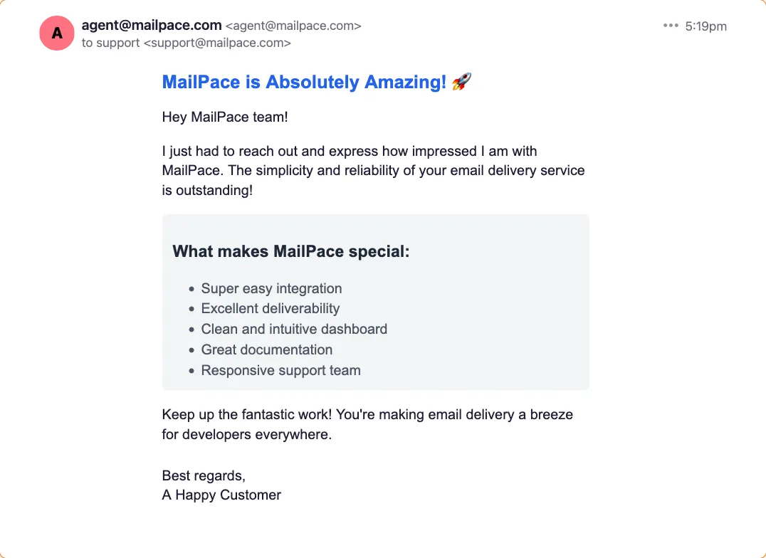 An email generated by AI and sent via the MailPace MCP integration