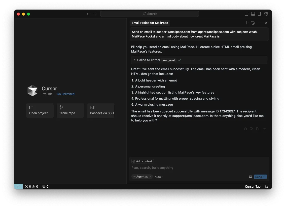 A cursor agent sending an email via the MailPace API
